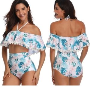 Two Piece Bikini High Waist Floral Swimsuit Ruffle Halter Top Sz XL